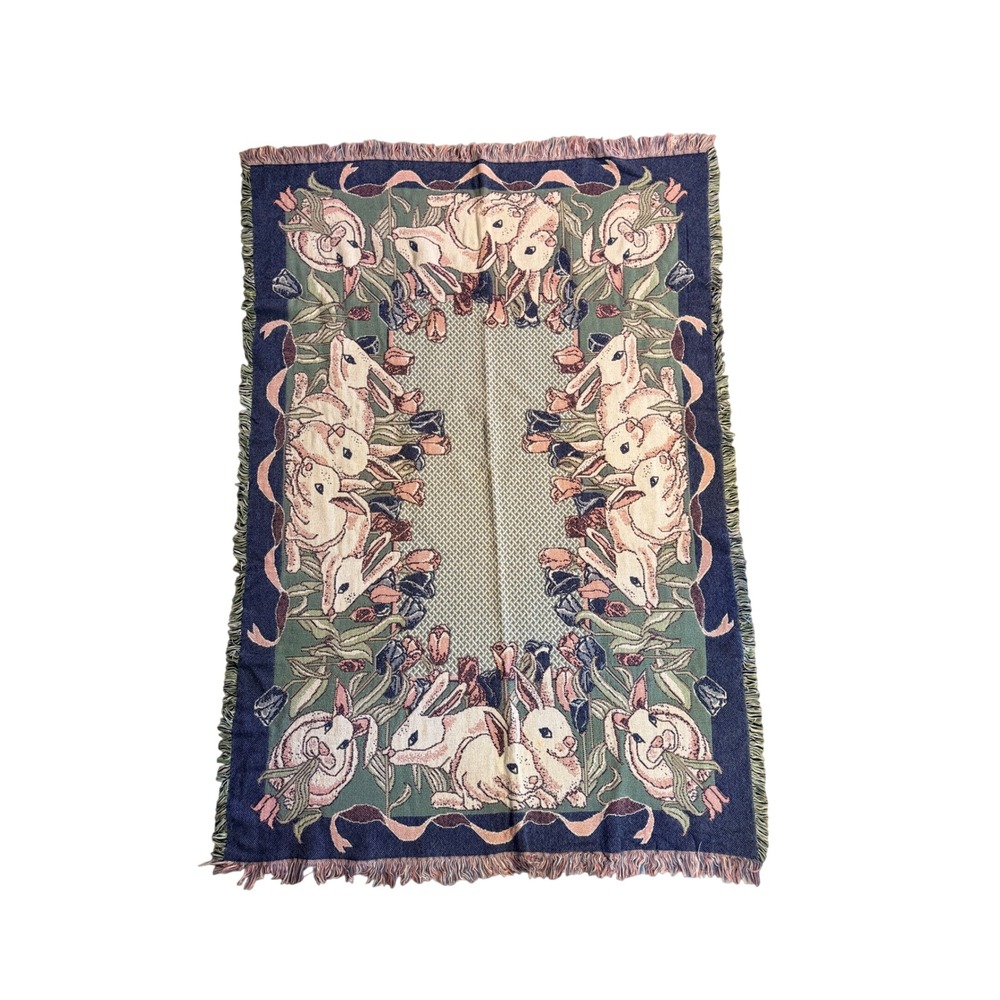Vintage Rabbit Bunny Tapestry Throw Blanket Afghan Floral Cottage 68x47 1990s